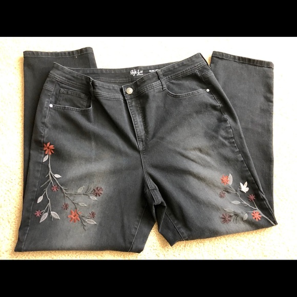 Black Jeans with grey leaves and rust Fall flowers - Picture 2 of 6